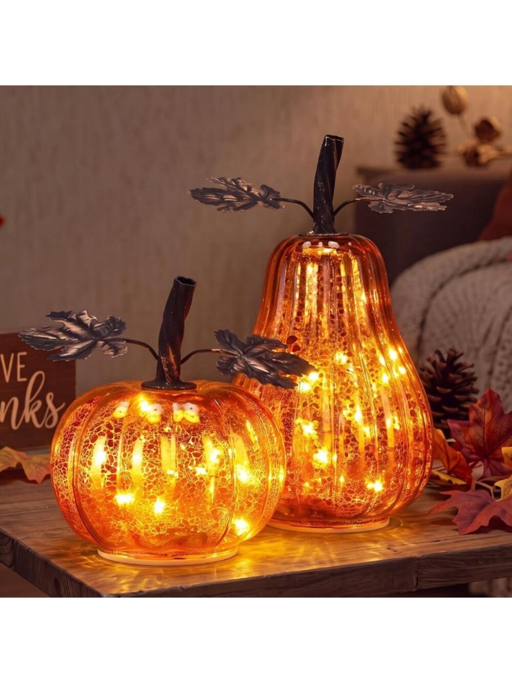 Set of 2 Lighted Glass Pumpkin Decor for Fall Thanksgiving - Orange Harvest